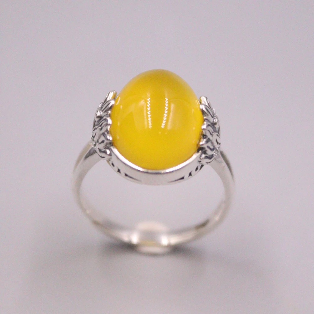 New Solid Pure S925 Sterling Silver Yellow Chalcedony Band 16mm Women Ellipse Lotus Figure Ring  Adjustable