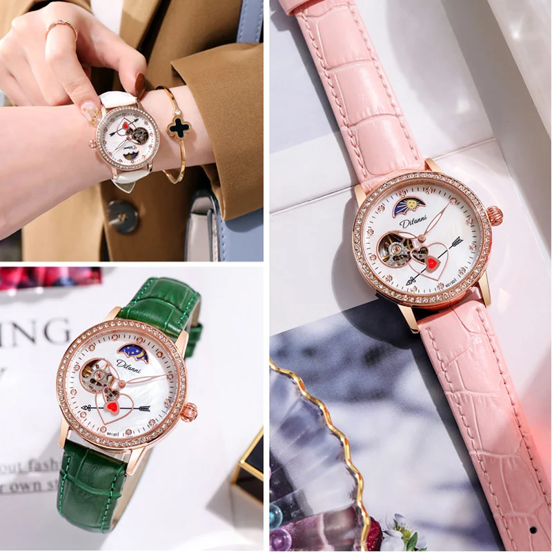 Relojes mecánicos automáticos con caja de oro rosa para mujer, relojes de pulsera con flechas de Cupido de diamante, reloj de cuero rosa para mujer,