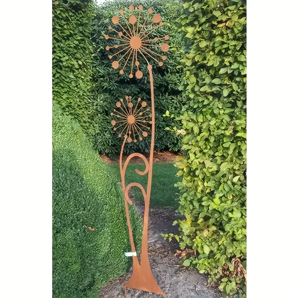 CIFBUY 1pc Dandelion Metal Garden Stake, Rustic Flower Iron Hanging Sculpture, Powder-Coated Rustproof Decor for Yard, Garden