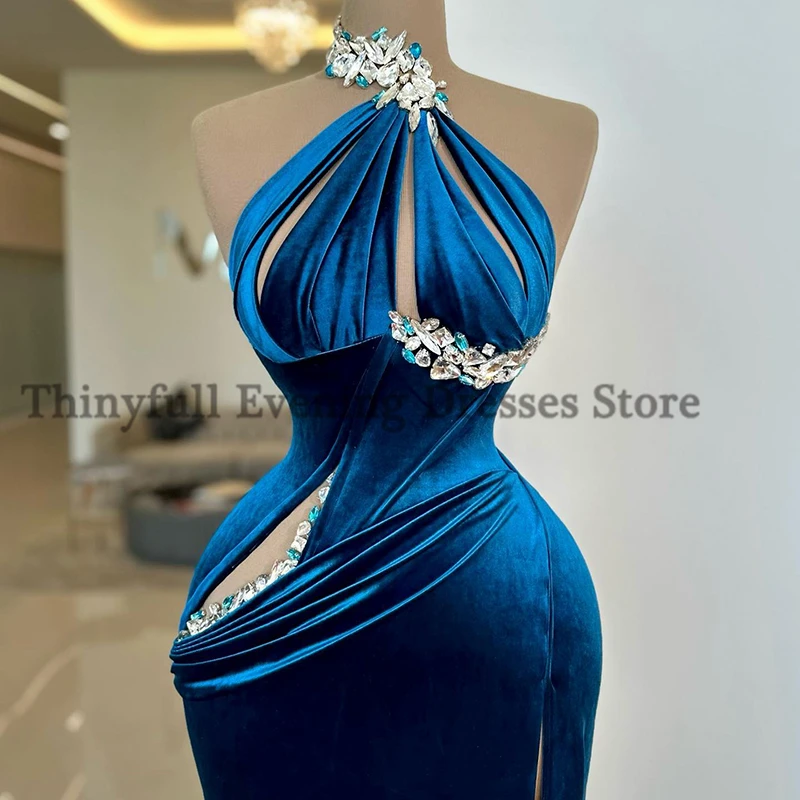 Thinyfull-vestido de noche de terciopelo con cuentas y cuello Halter, traje Sexy de sirena para fiesta de cóctel, Dubai, Arabia saudita, talla grande, 2023