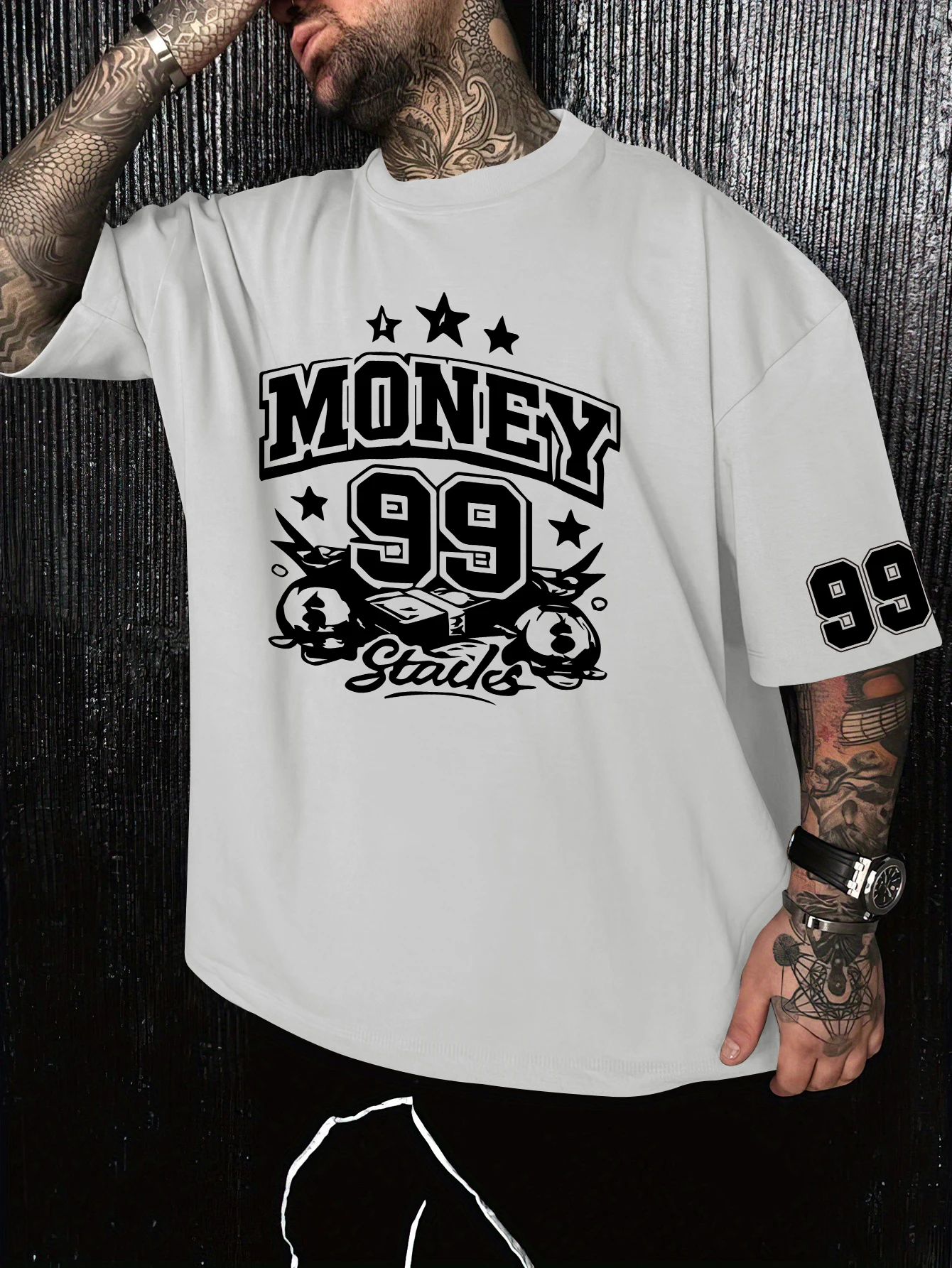 Men Oversized Money 99 Print T-shirt 100% Polyester Varsity Hip Hop Loose Unisex Summer Casual Top