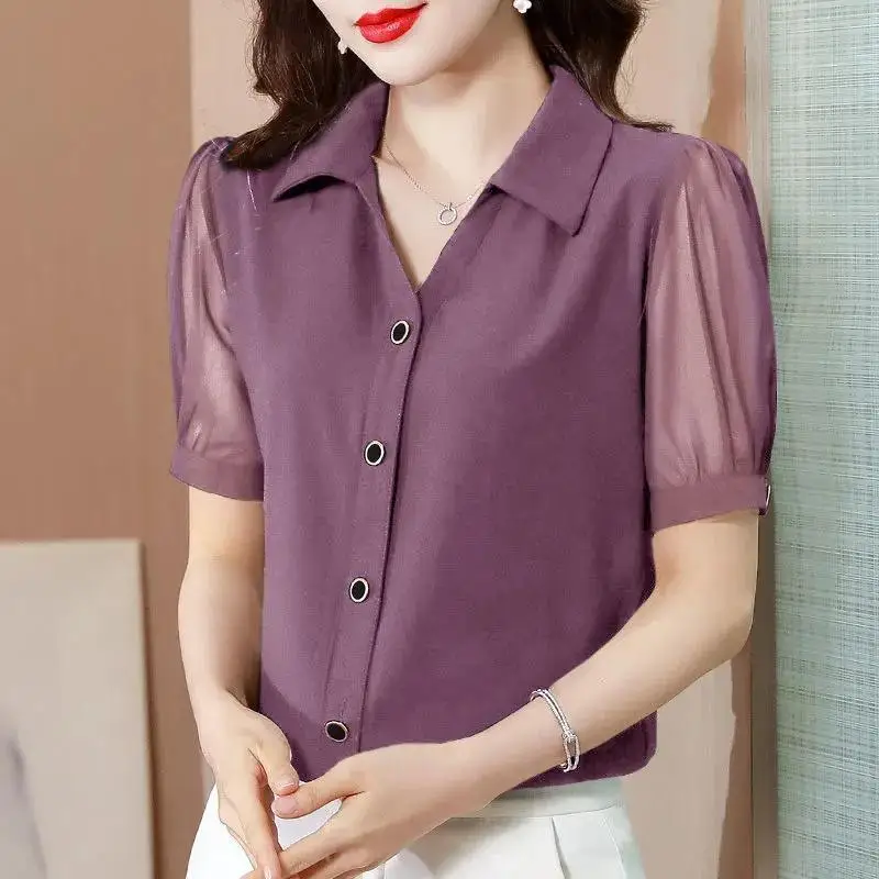 Office Lady Fashion Solid Color Chiffon Blouse Summer Short Sleeve Spliced Single-breasted Female Casual Turn-down Collar Shirt