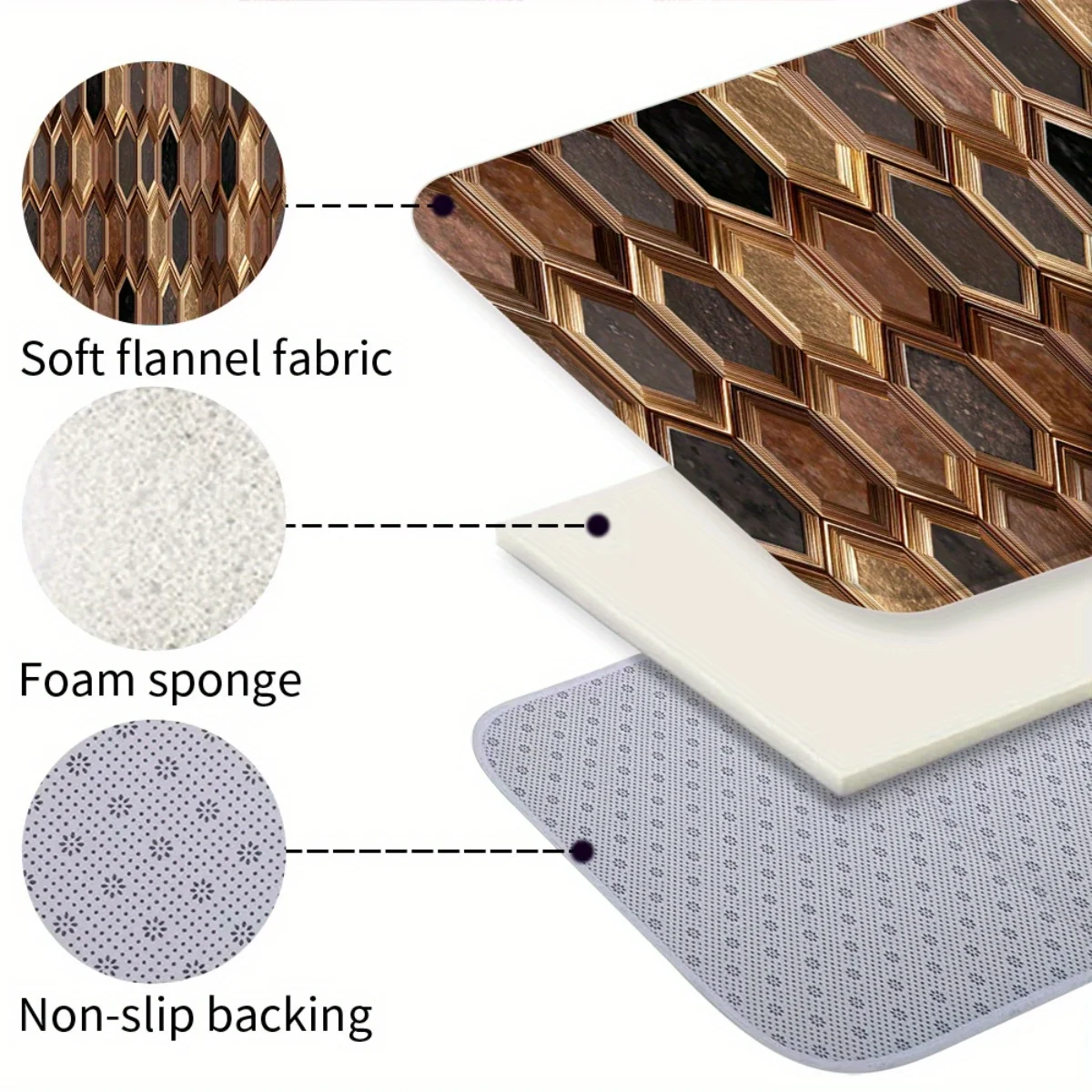 Luxury Retro Brown Gold Hexagonal Tile Geometric Texture Runner Rug, anti-slip easy clean carpet for bedroom front entry indoor