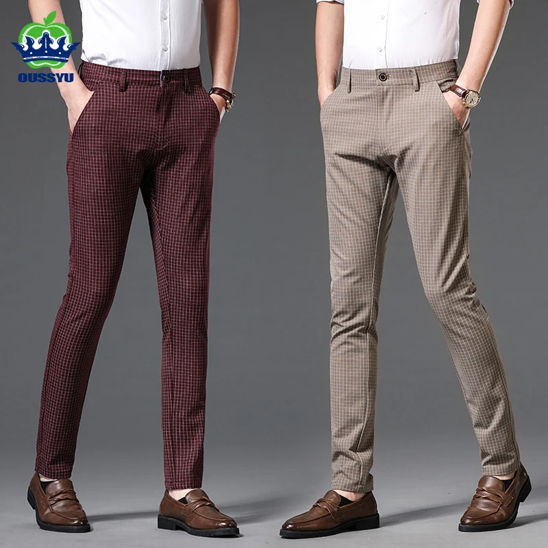 

2024 Men's Summer Plaid Fashion Business Casual Long Pants Wine Red Khaki Suit Pants Male Elastic Straight Formal Trousers 30-38