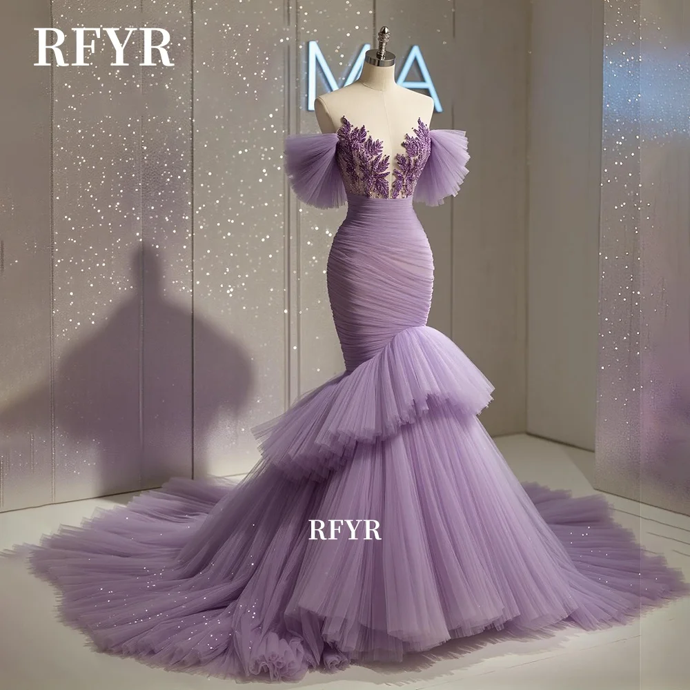 

RFYR Mermaid Evening Dress with Applique Princess Gown Off Shoulder Prom Dress Embroidery Party Gown فساتين مناسبة C
