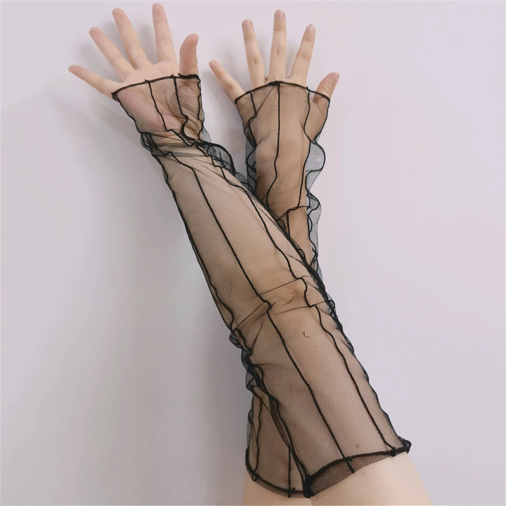 ถุงมือผู้หญิงแบบยืดหยุ่น 1 คู่ สำหรับขับรถ แบบยาว ไม่มีนิ้ว ลายตาข่าย ป้องกันแสงแดดในฤดูร้อน ถุงมือลูกไม้