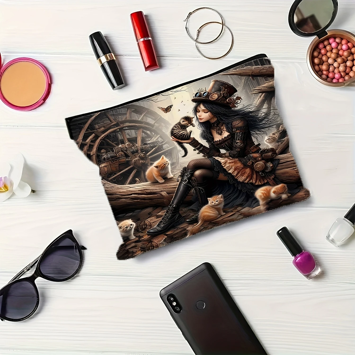 حقيبة مكياج ذات سعة كبيرة |   تصميم ميكانيكي على الطراز القوطي والقطط Steampunk