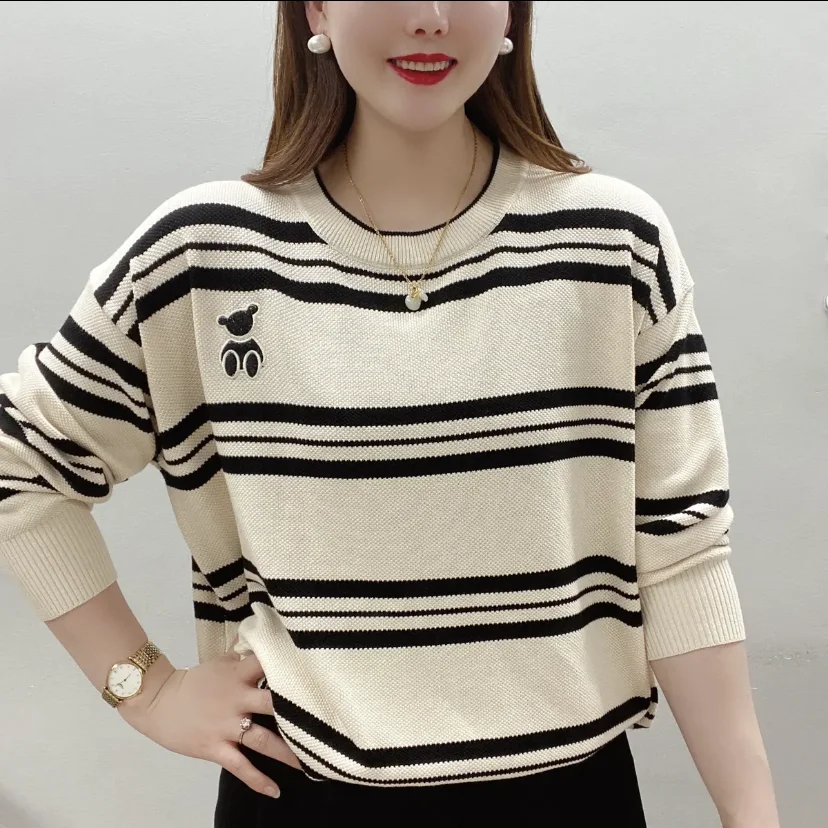 

Spring New Sle Women's round Ne Pullover Faionable Striped Embroidered Loose Slimming Mom Base Top Ladies Sweater