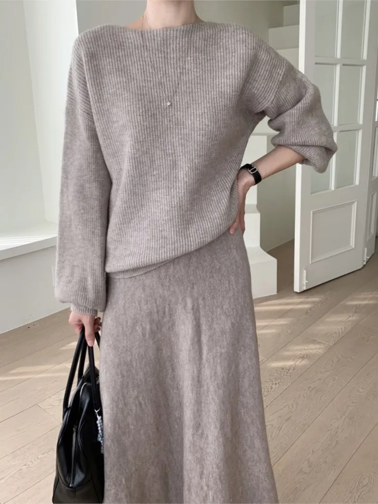 Autumn Winter Chic Knitted Two Piece Set Puff Sleeve Sweater Lazy Oaf Pullover Women Korean Midi Skirt Woman Ladies Sets