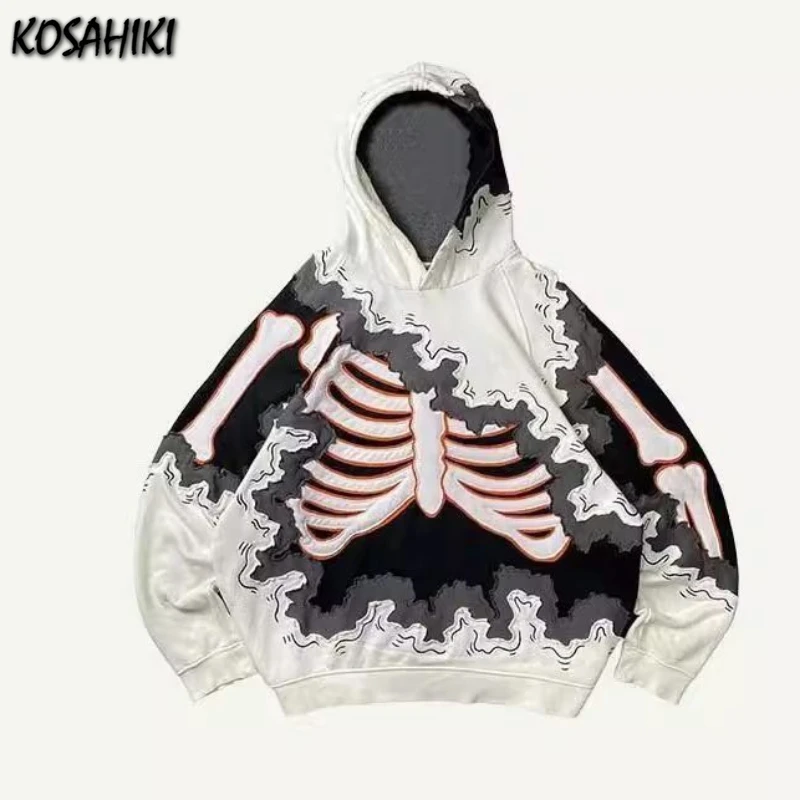 Y2k Aesthetic Skull Print Hoodies Tops Women Men Autumn Harajuku Streetwear Hoody Punk Casual Loose Vintage Grunge Sweatshirts