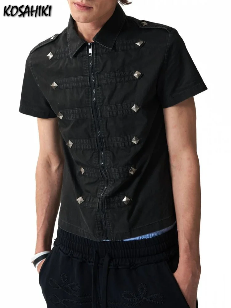 Y2k Aesthetic Men and Women Vintage Blouse Harajuku Grunge Casual Rivet Blusas 2026 Summer Turn Down Collar Punk Zipper Shirt