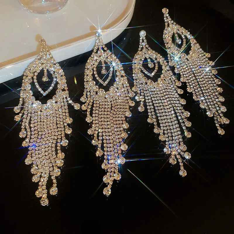 Super Flash Diamond-encrusted love long tassel earrings Europe and the United States exaggerated high sense earrings