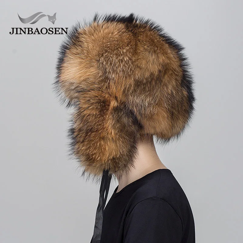 JINBAOSEN Genuine Fox Fur Hats for Men Real Raccoon Fur Lei Feng Caps Winter Men Ear Hats for Women