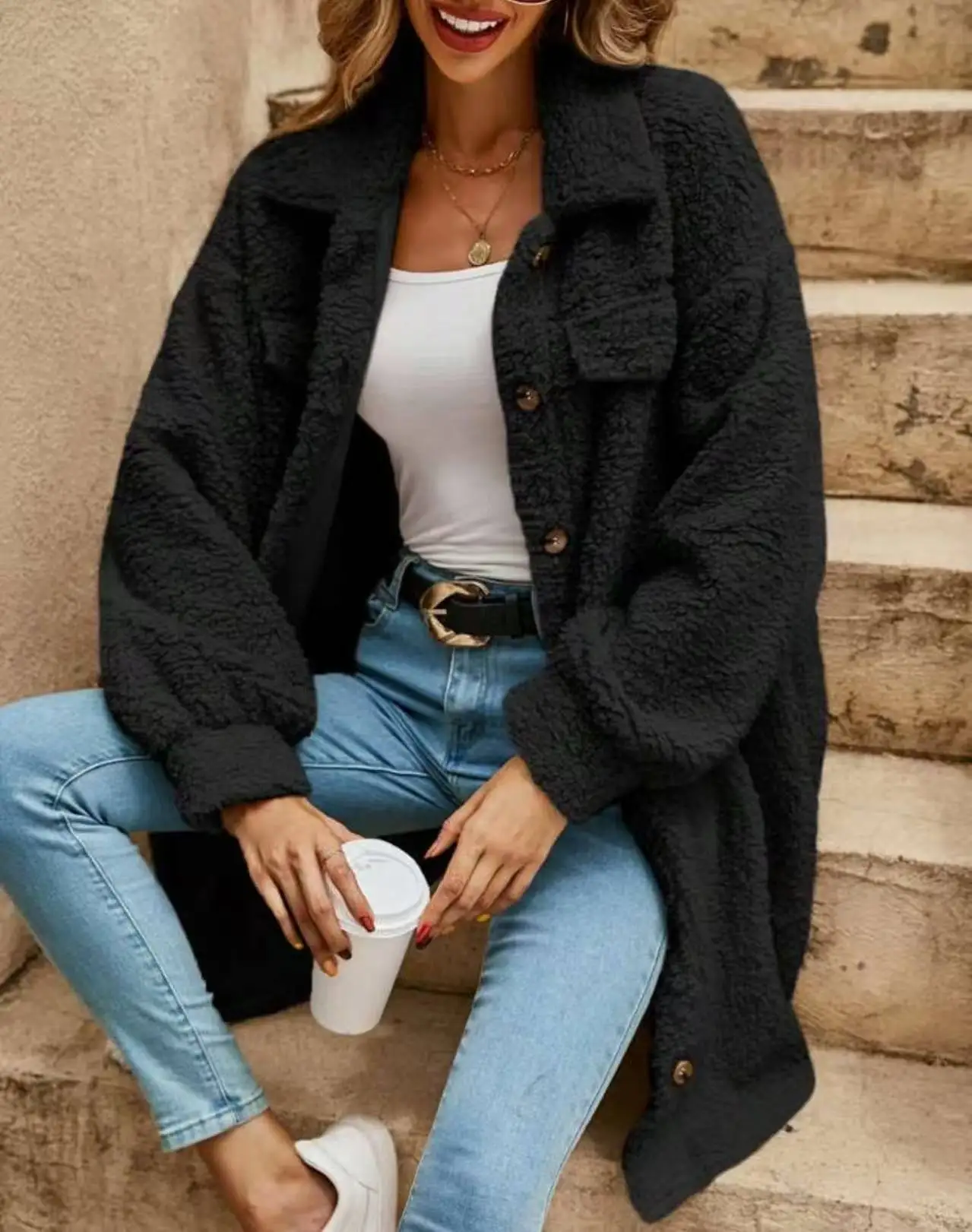 2025 New Fashion Button Plush Long Coat Women Winter Casual Loose Solid Color Lapel Sleeve Cardigan Jacket For Women