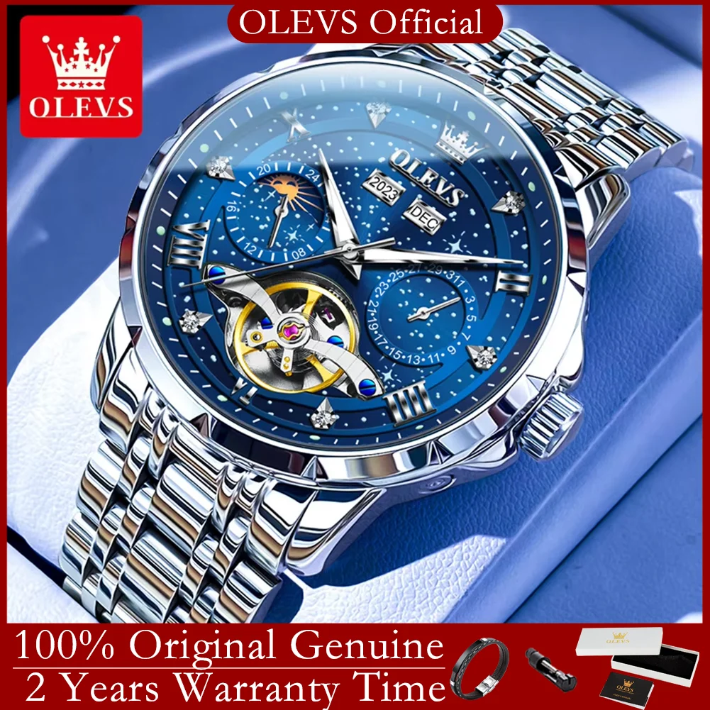 OLEVS 6690 Automatic Watch for Men Skeleton Hollowed Flywheel Date Moon Phase Starry Sky Dial Mechanical Wristwatch