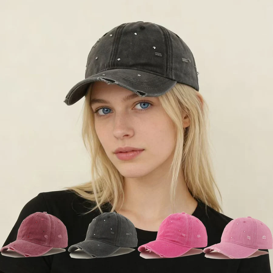 2026 Modische Streetwear Handgefertigte Diamant-Baseballkappe für Damen Gewaschene Baumwolle Distressed Sonnenkappe Outdoor Strass Snapback Mütze
