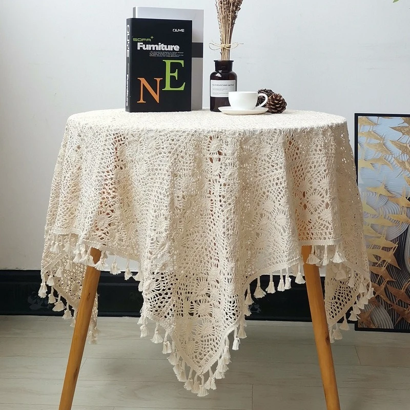 American Style Artistic Tablecloth Hollow Hook Flower Tassel Phoenix Tail Pattern Round Dining Table Cabinet Decor Tablecloth