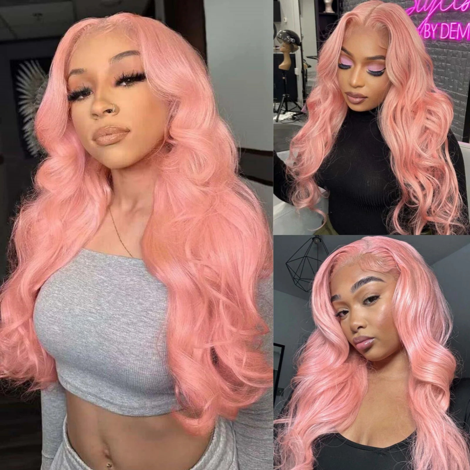 Long Curly Wavy Wig for Women Synthetic Hair Middle Part Peach Pink Colored Loose Wave 13X4 Lace Front Wigs for Party Cosplay