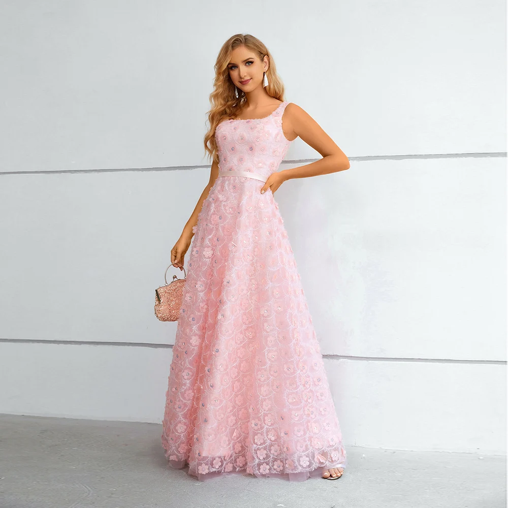 Customized Exquisite Square Collar A-Line Evening Dresses Pink 3D-Flowers Sleeveless Lace Sequin Long Prom Gown Modern Tulle Par