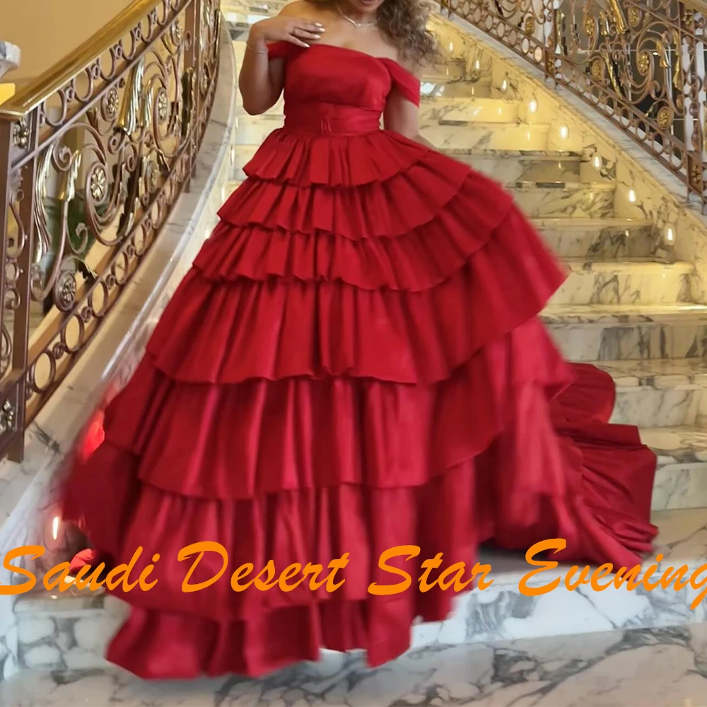 A-Line Strapless Off the Shoulder Velour Short Sleeves Red Graceful and Classic Evening Dresses Tiered Pleats Lace Up Back