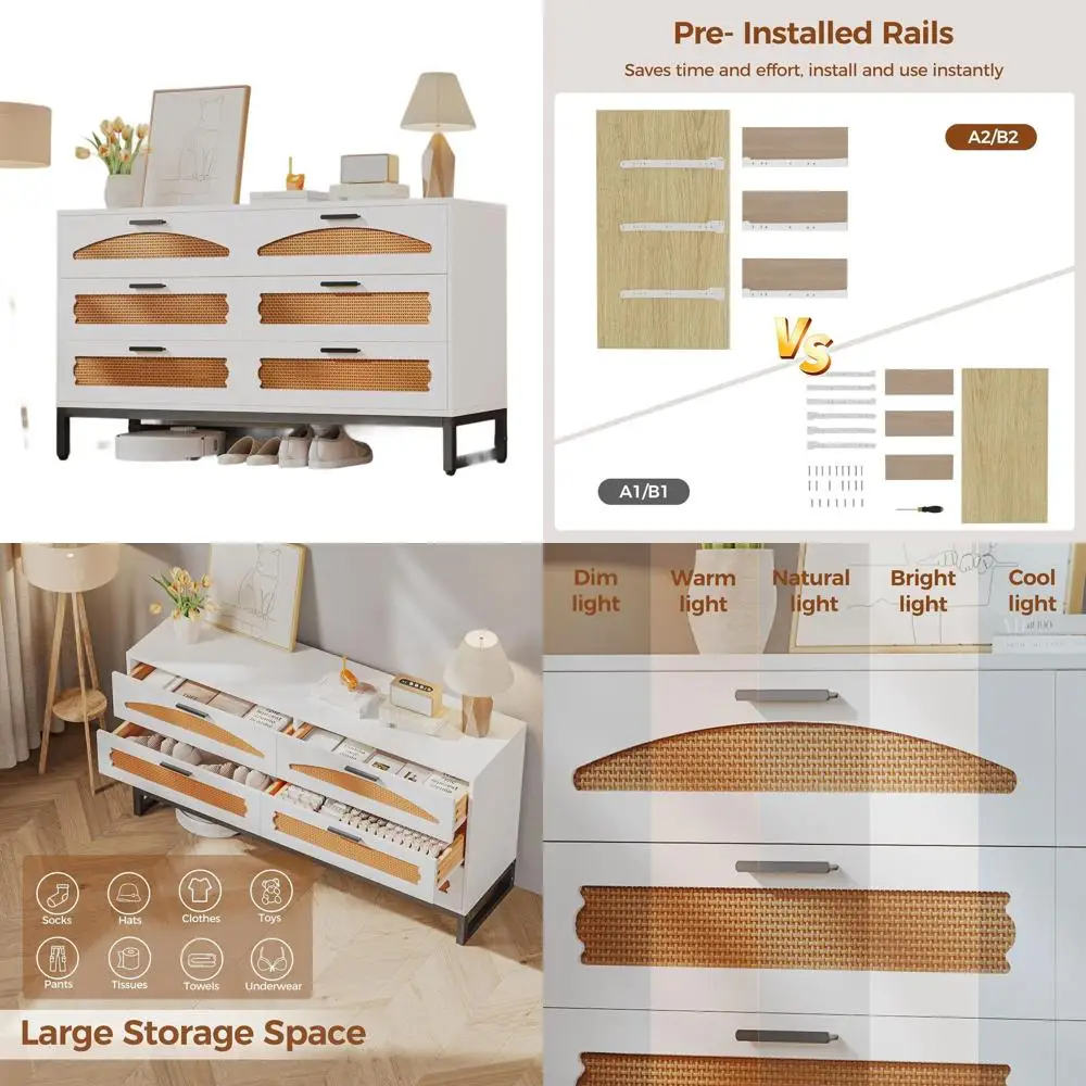 Cómoda de Mimbre para Dormitorio, Sala de Estar y Pasillo - Almacenamiento de Madera Blanca con Asas Metálicas