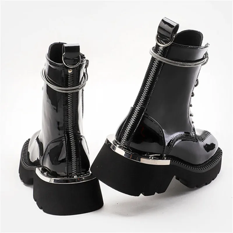 Retro Square Toe kobiety botki gruba podeszwa platforma Botas Mujer sznurowane krótkie botki metalowa ozdoba przypadkowi buty za kostkę kobieta