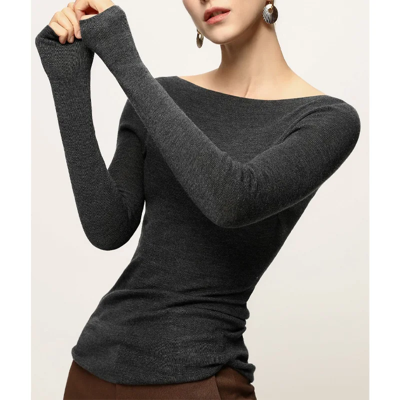 

Knitted Sweater Fashionable and Simple One-word Collar Shows Thin Thin Wool Sweater Versatile Top Women