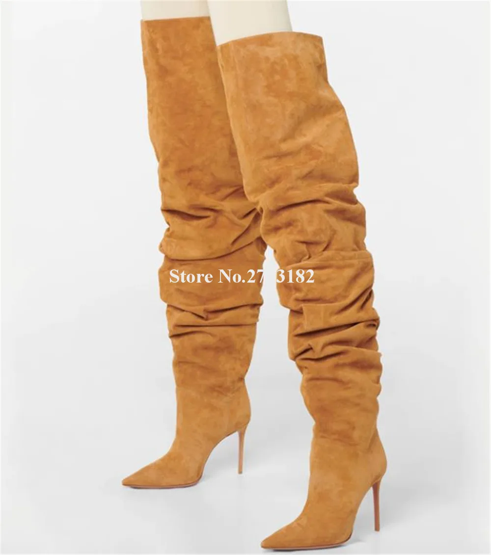 Sexy Brown Suede Loose Stiletto Heel Over Knee Boots Pointed Toe Slip-on Thin Heel Thigh High Long Boots