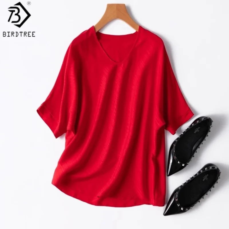 

Birdtree 20MM 93% Mulberry Silk 7% Spandex Shirt,Women Sand Wash Sangbo Satin Short Sleeve V-neck Red Blouse,2025 New T58321JF