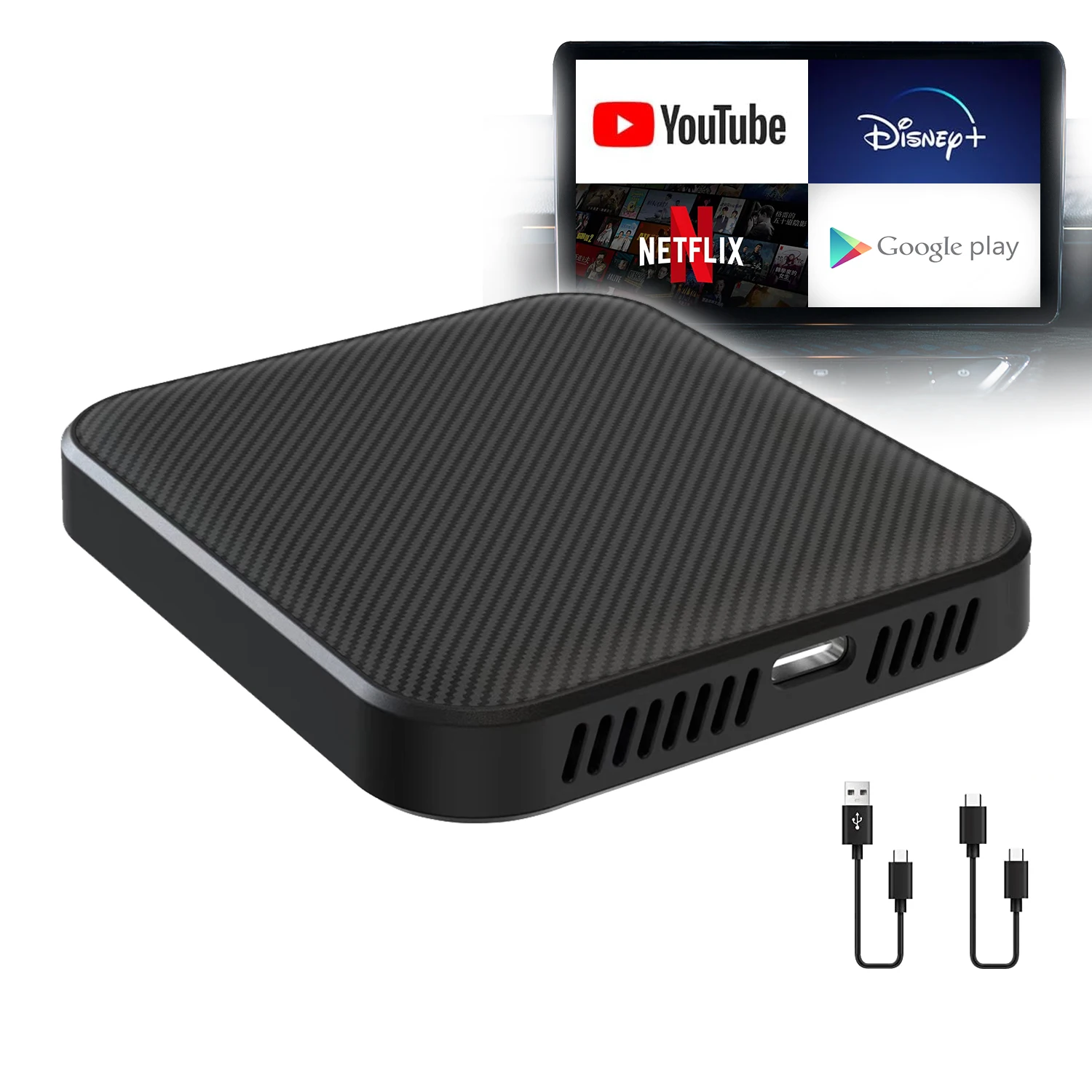 Bezprzewodowy Adapter CarPlay Android Auto z Netflix/YouTube/TikTok/Disney/Google Play, Android AI Box Apple CarPlay USB Dongle