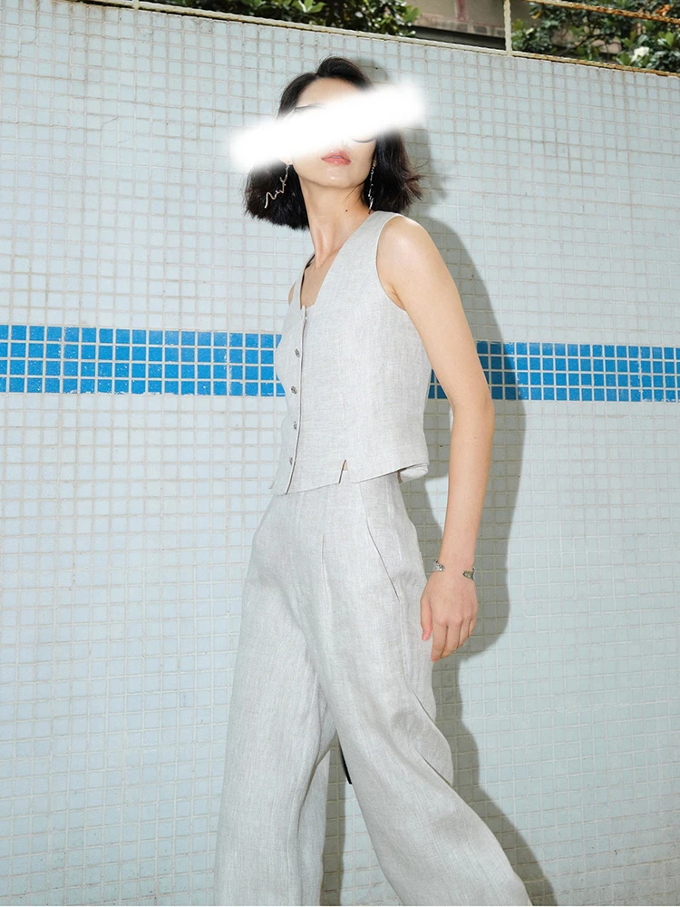 高品質リネンズボン衣装春の女性のノースリーブ V ネックベストトップ + ハイウエストルーズストレートパンツ夏のツーピースセット