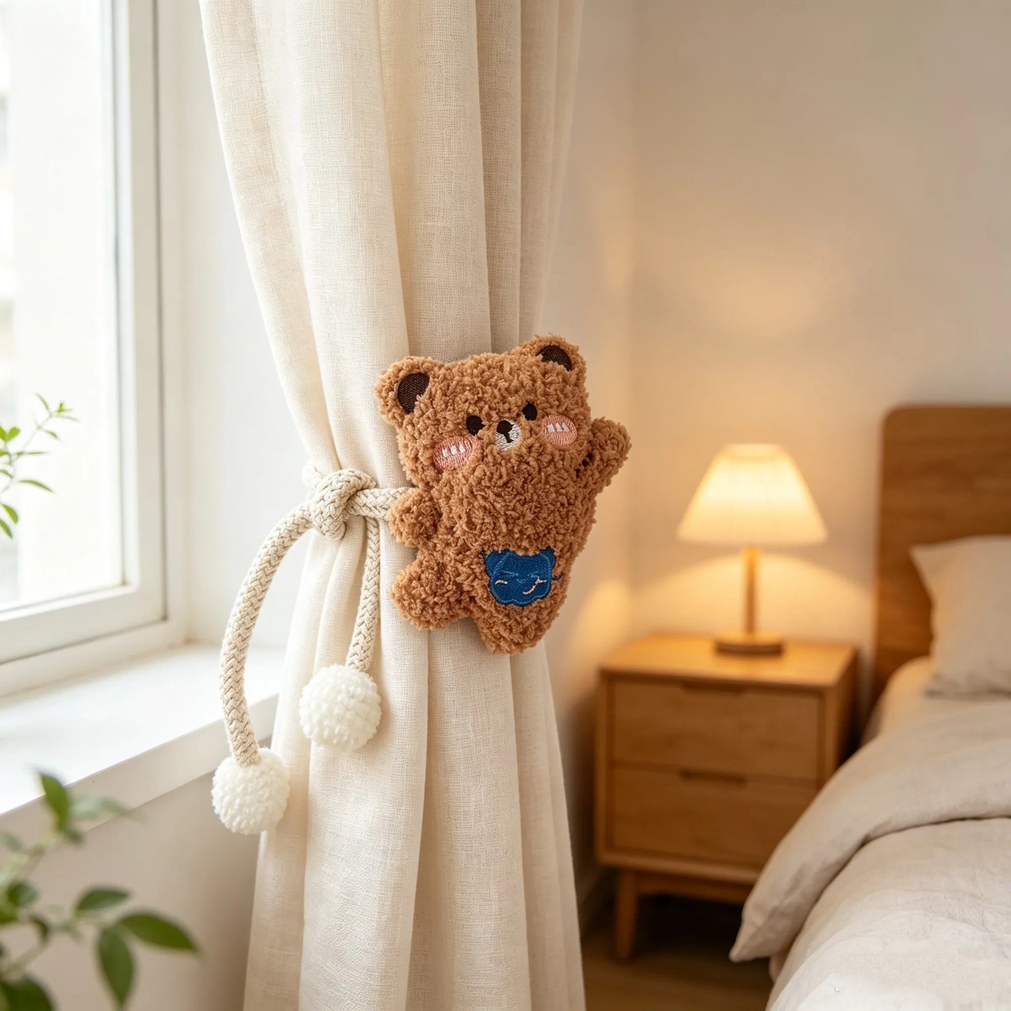 Korean-Style 3D Standing Plush Bear Pearl Buckle Curtain Tieback for Children's Room Decoration Mosquito Net Tie Rope