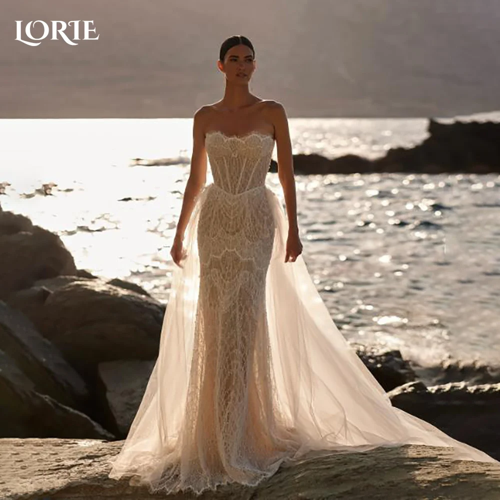 

LORIE Vintage Lace Wedding Dress A-Line Strapless Appliques Princess Bridal Gown V Corset 3D Flower Ball Bride Gown Customized