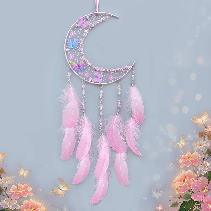 Nordic Pink Feather Butterfly Wind Chimes Dream Catcher Handmade Living Room Hanging Ornaments Wall Pendant Festival Party Gifts