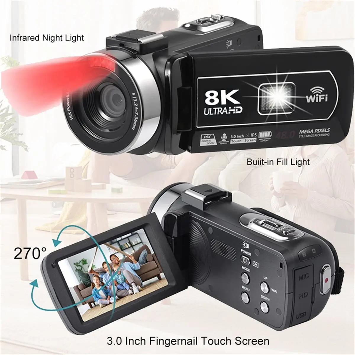

N05R 8K Video Camcorder Camera 64MP 18X 3 Inch LCD Touch Screen Zoom WiFi Camera with Microphone Lens Hood Hand Stabilizer