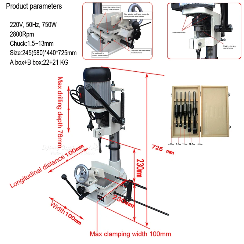 

Carpentry groover Woodworking Mortising Machine 750W Cutting Drilling Hole JCM-361A with 5 drill bits