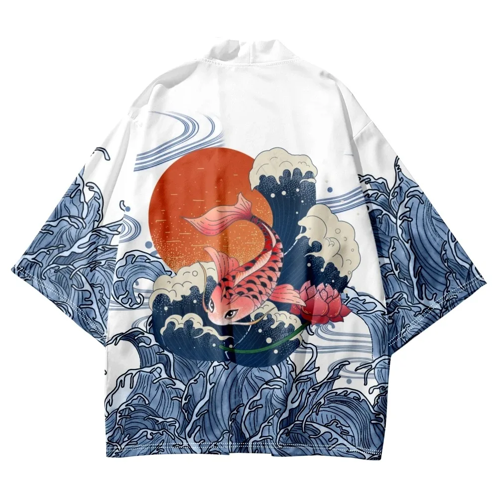 Summer Japanese Kimono for Men/Women Harajuku Wave Carp Print Traditional Bathrobes Short Sleeves Beach Shirt Chic Kimono Mujer