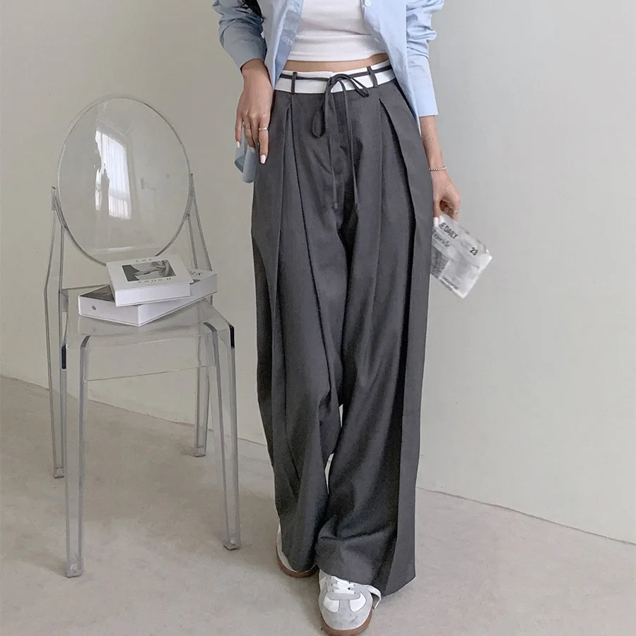 

Шикарные женские брюки с высокой талией и драпировкой, весенний дизайн, цветные, широкие, повседневные, в пол, с поясом-завязкой