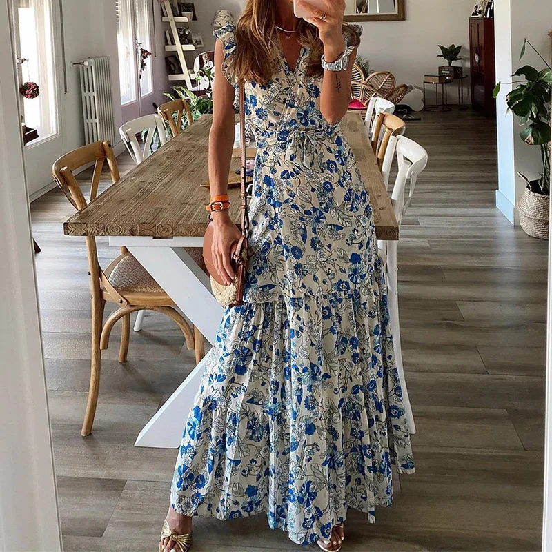 BAMBOOBOY Printed Long Dresses V-Neck Floral Summer High Waist Casual Comfortable Seaside Beach Vacation Bohemian Sundress