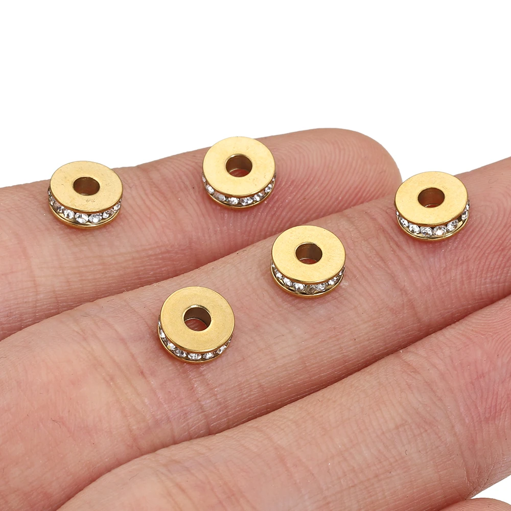 10pcs Stainless Steel Rhinestone Beads 7mm Flat Round Crystal Rondelle Spacer Bead for Jewelry Making DIY Bracelet Necklace