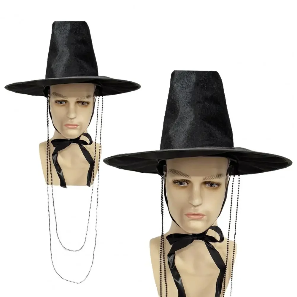 

2028 Stage Performance Hat Ming Dynasty Traditional Korean Flat Topper Hat Wide Brim UV Protection Black Halloween Cosplay Cap