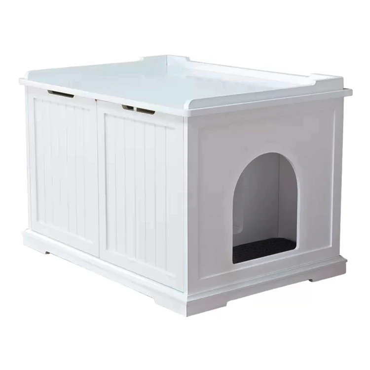 Enclosure Furniture White Wood Storage Bench Cat Litter Box Hidden Pet House