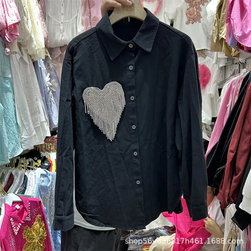 Solid Color Autumn Long Sleeve Women Shirts All-match Single-breasted Loose Cardigans Top Love Diamonds Casual Cotton Blouses