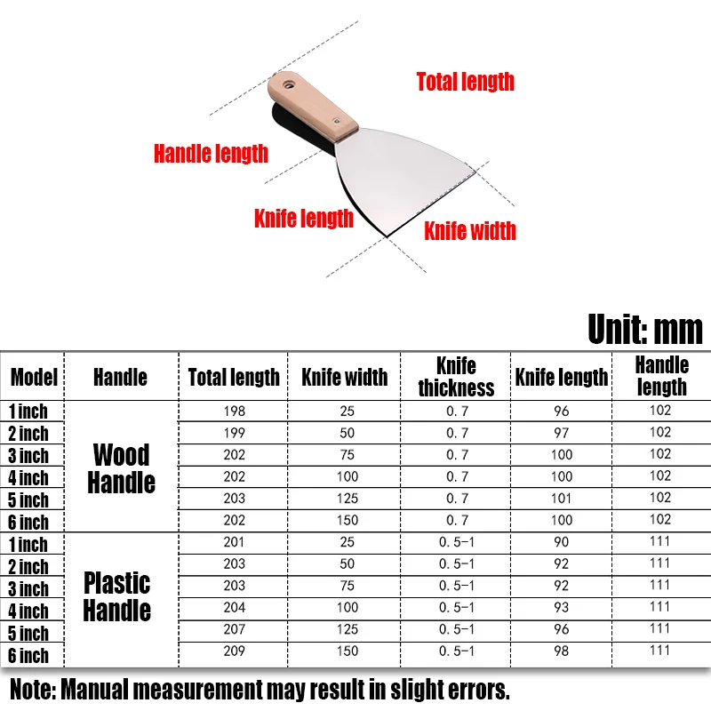 Aço inoxidável Putty Knife, raspador Paint Knife, madeira e punho de plástico, Decoração de parede Ferramenta, 1-6 em