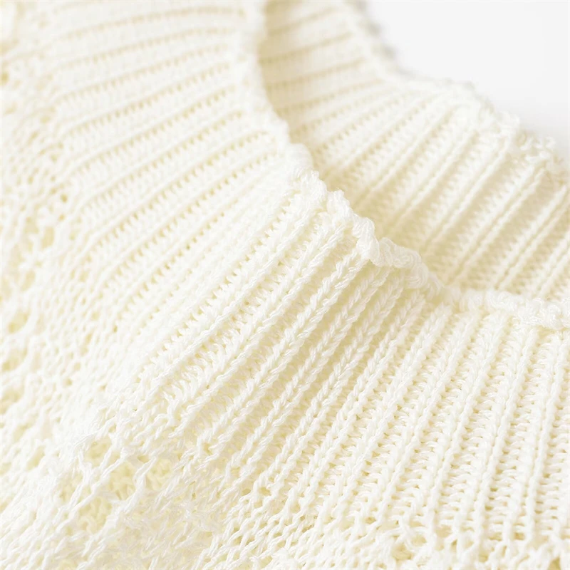 KEYANKETIAN letni nowy wiatr wakacyjny wielowarstwowy drążony żakardowy top z dzianiny damski O-Neck z krótkim rękawem cienki miękki wąski sweter