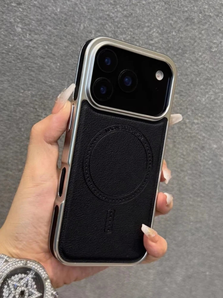 Luksusowe skórzane etui magnetyczne na telefon iPhone 17 16 18 Pro Max z platerowaną ramką, oryginalne magnesy biznesowe, obudowa odporna na wstrząsy z funkcją ładowania. — zdjęcie produktu 7