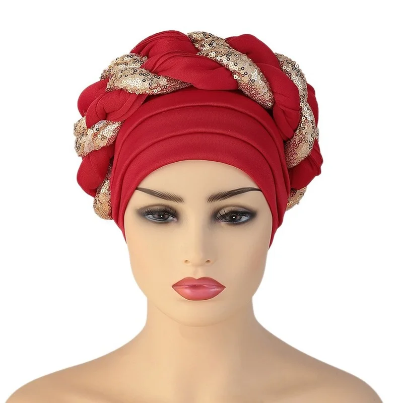 African Auto Gele Turban Hijab Caps Aso Oke Hair Headtie Already Made Arab Muslim Scarf Head Wrap Women Hat Abaya