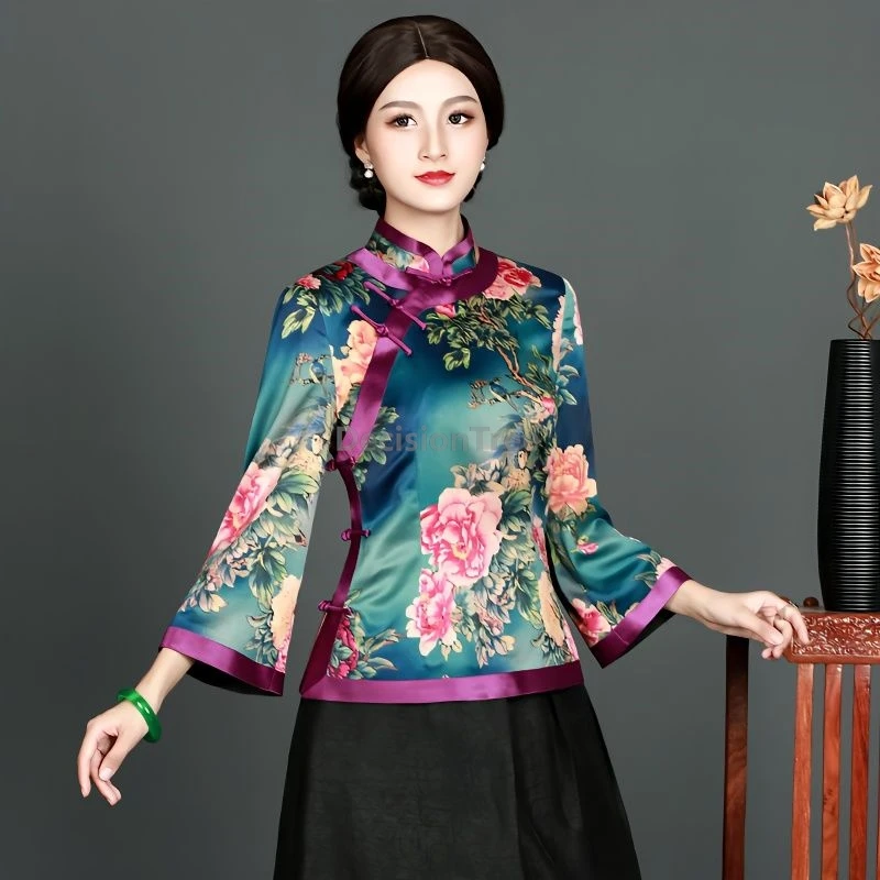 بلوزة تشيباو كلاسيكية على الطراز الصيني لعام 2025 بمزاج كلاسيكي مطبوعة مائلة بفتحة أمامية من شيونغسام بلوزة نسائية ضيقة #1
