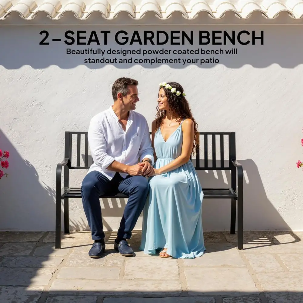 50 Banc de jardin extérieur, patio avec siège à lattes, porche en métal pour arrière-cour, bord de piscine, pelouse, noir