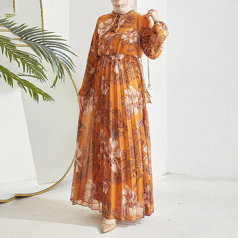 Vestido musulmán elegante de gasa Abayas para mujer musulmana de Turquía elegante vestido liso de moda Jubah de manga larga con cinturón